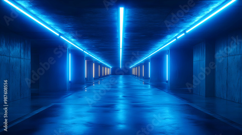 Blue Neon Lights in a Dark Corridor 3D Illustration