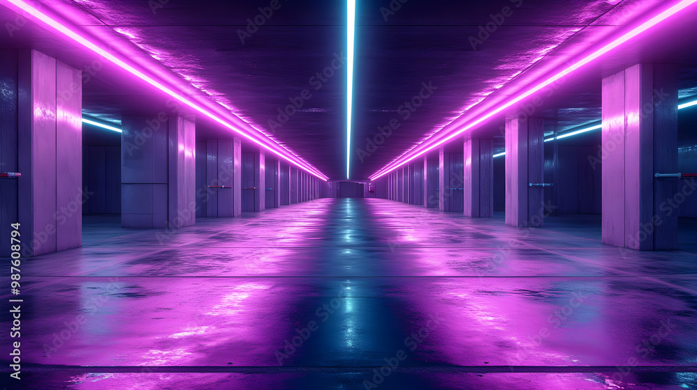 Neon Lights in a Futuristic Corridor 3D Illustration Neon Lights in a Futuristic Corridor 3D Illustration