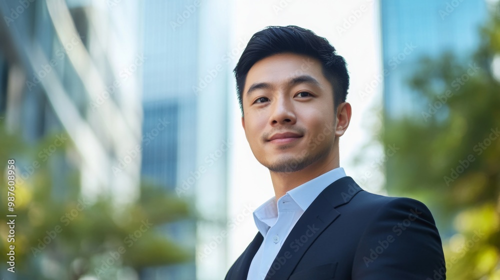 Portrait of an handsome Asian man in suit outdoors with a blurry business center in backdrop. with copy space Portrait of an handsome Asian man in suit outdoors with a blurry business center in backdrop. with copy space