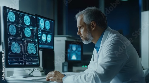 Doctor analyzing brain scans on computer monitor