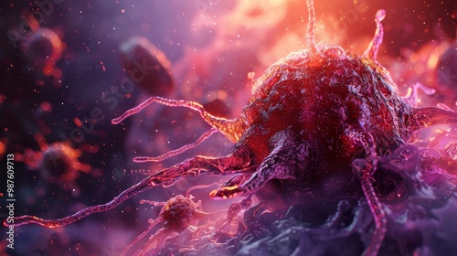 Detailed computer generated image of a cancer cell showcasing its complex structure and features photo