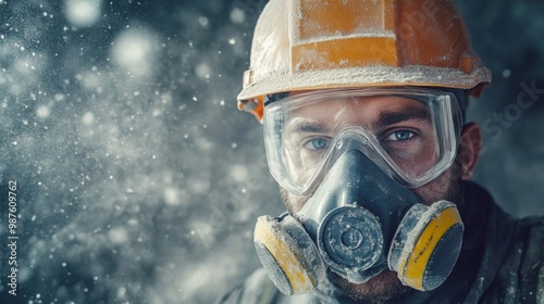 Professional construction worker wearing a high-grade dust mask, surrounded by lot of floating particles of glass wool dust in a construction site photo