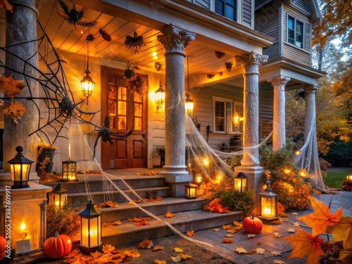 Spooky illuminated porch with cobweb-covered pillars, eerie lanterns, and a giant spider, surrounded by autumn leaves and spooky decorations, creating a haunted atmosphere. photo