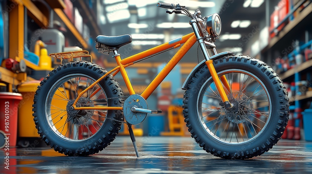 Fototapeta premium A vibrant orange bike stands in a busy workshop, showcasing its sturdy design and striking color in a dynamic environment.