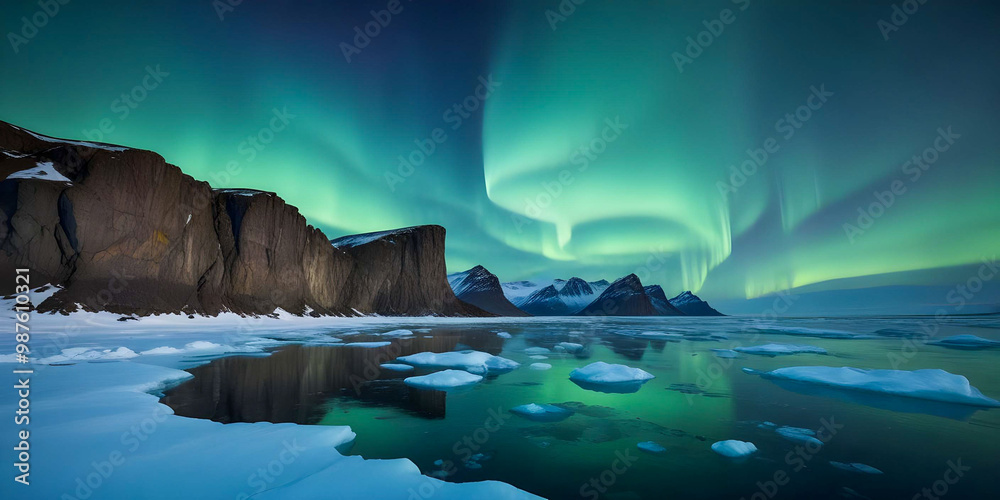 Fototapeta premium Majestic cliffs towering over a vast frozen sea, illuminated by the soft glow of the Northern Lights dancing across the night sky. The icy landscape stretches endlessly beneath the vibrant auroras