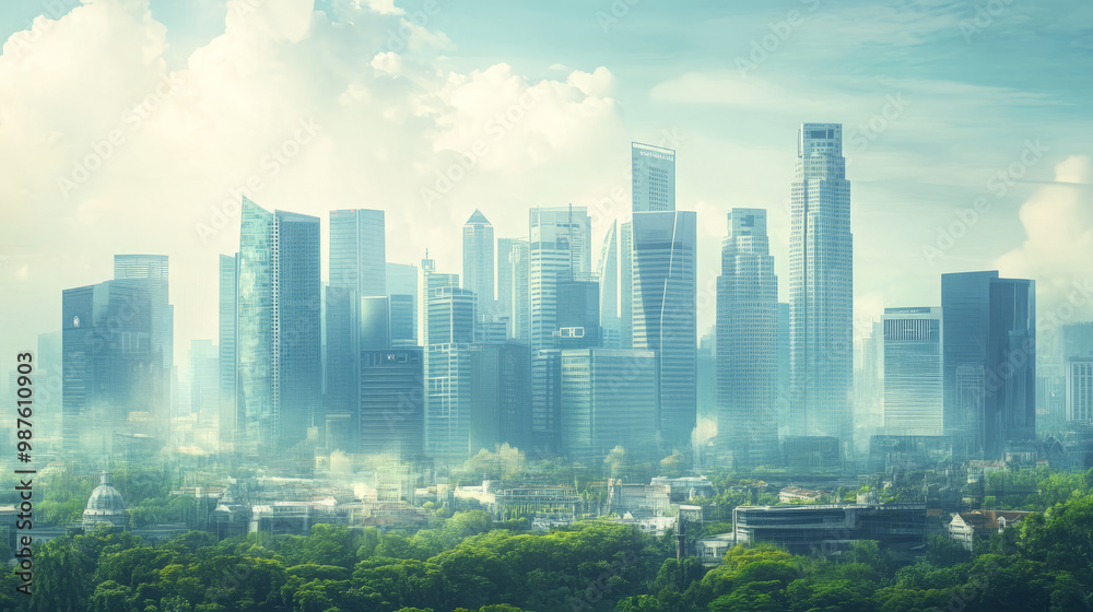 Obraz premium A futuristic city skyline with buildings from various architectural styles, symbolizing cultural globalization