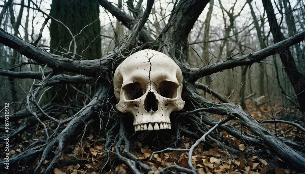 Skull in eerie, twisted forest with cracked branches Skull in eerie, twisted forest with cracked branches