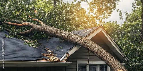 A fallen tree from a hurricane has damaged the roof. the image shows a large tree lying across a house roof with visible damage