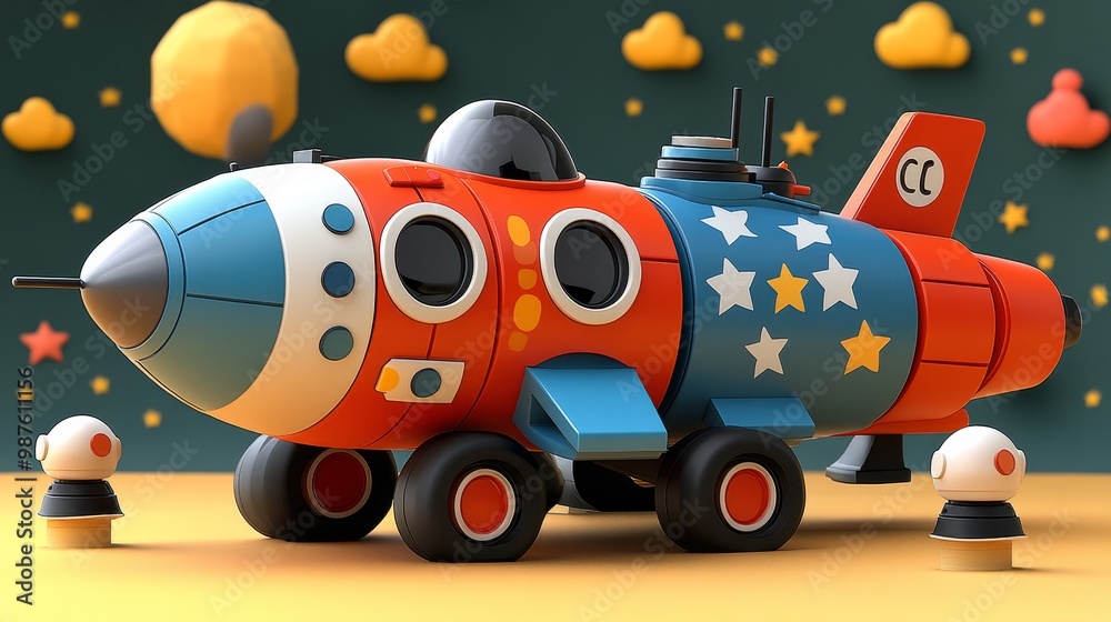 A vibrant toy rocket with a colorful design, set against a whimsical space-themed background, perfect for children's creativity. A vibrant toy rocket with a colorful design, set against a whimsical space-themed background, perfect for children's creativity.