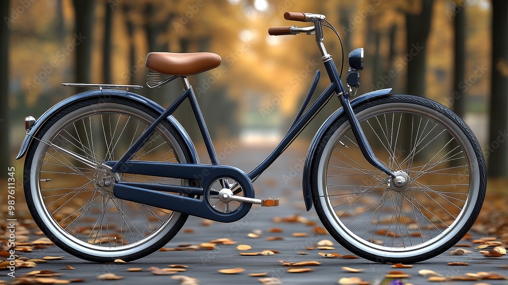 Fototapeta premium A vintage bicycle stands on a picturesque autumn pathway, surrounded by fallen leaves and vibrant seasonal colors.