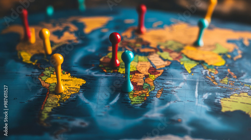 A global map with markers indicating emerging market trends and hotspots for economic growth