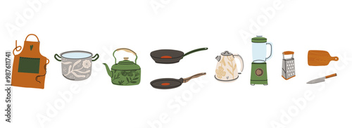 Kitchen utensils. Kitchenware tools and equipment. Frying pan, saucepan, knives and forks. Cutlery objects for food cooking modern contemporary crockery cartoon flat isolated vector illustration
