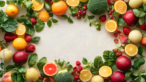 A collection of fresh fruits and vegetables framed together with white backgroud