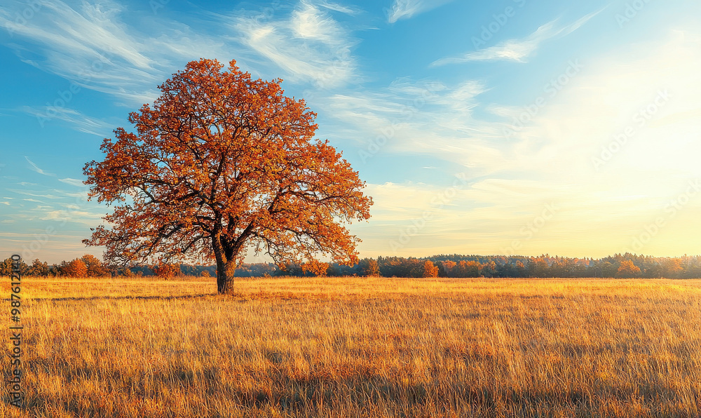 A beautiful single tree stands alone in a vast golden meadow, illuminated by the soft light of the twilight sky and surrounded by partly cloudy skies, creating a scene of peaceful solitude. A beautiful single tree stands alone in a vast golden meadow, illuminated by the soft light of the twilight sky and surrounded by partly cloudy skies, creating a scene of peaceful solitude.