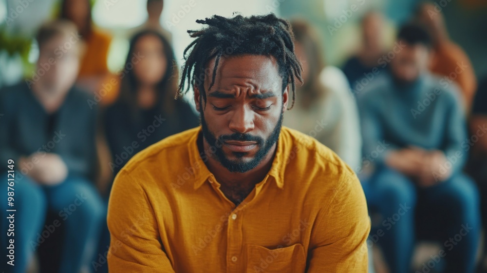 Sad anxiety depressed black man at support group meeting for mental health and addiction issues in anonymous community space with many people around Sad anxiety depressed black man at support group meeting for mental health and addiction issues in anonymous community space with many people around