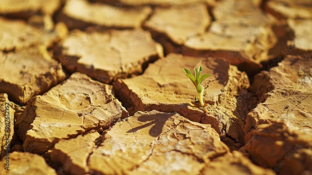 Intricate cracked desert clay with a tiny green sprout symbolizing hope and resilience in nature Intricate cracked desert clay with a tiny green sprout symbolizing hope and resilience in nature