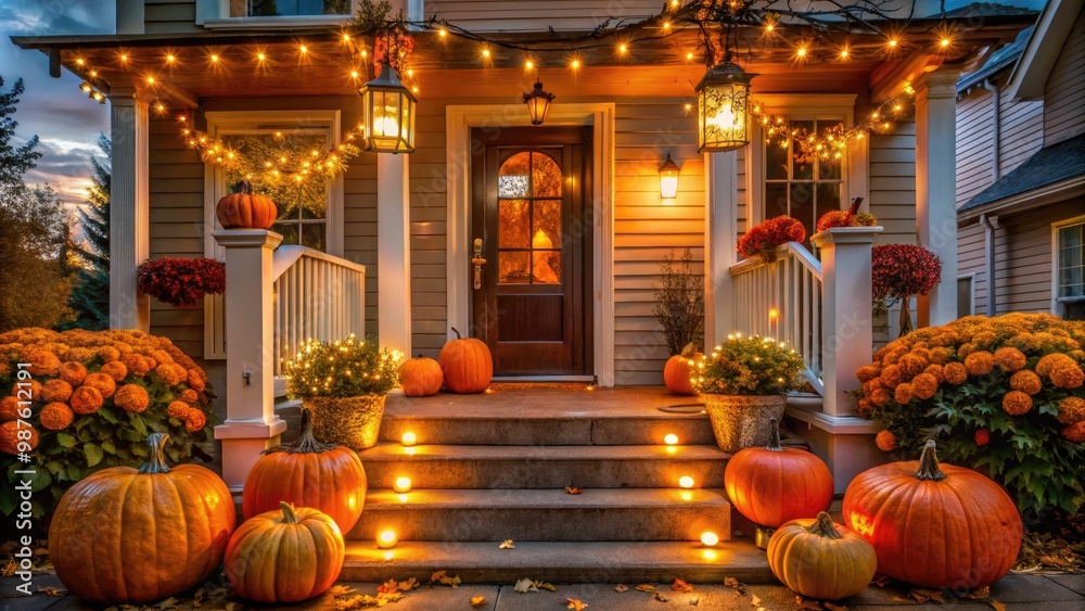 Obraz premium Spooky lanterns, twinkling string lights, and vibrant orange pumpkins adorn a welcoming porch, showcasing autumnal elegance and eerie ambiance in a festive Halloween display.