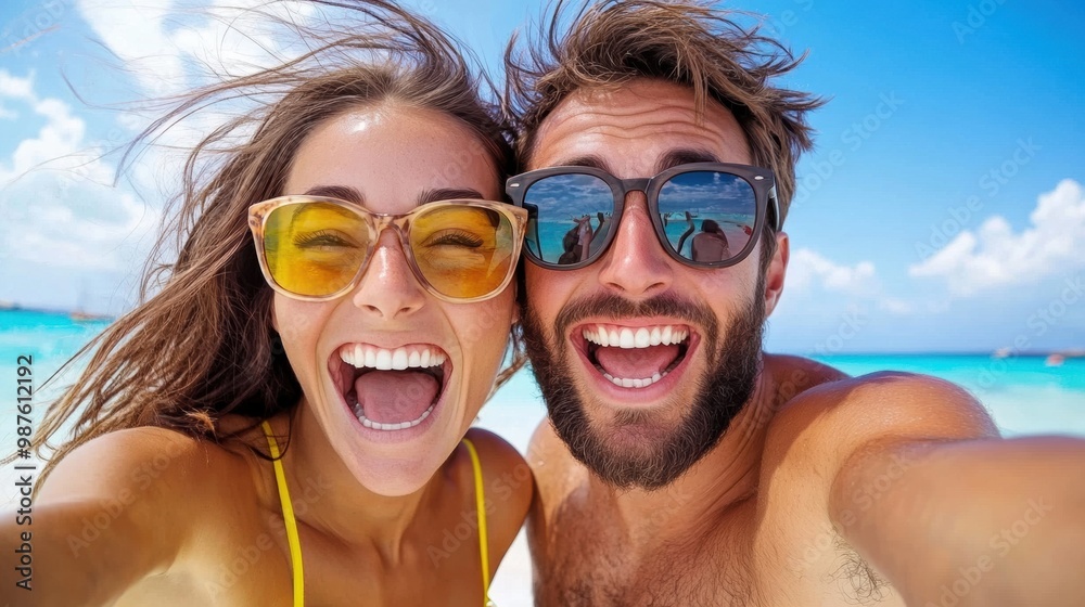 A man and woman taking a selfie on the beach, AI A man and woman taking a selfie on the beach, AI