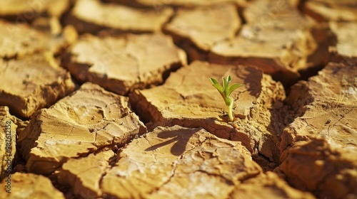 Intricate cracked desert clay with a tiny green sprout symbolizing hope and resilience in nature