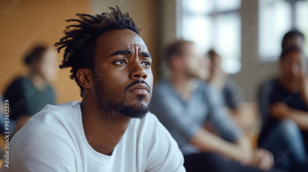 Sad anxiety depressed black man at support group meeting for mental health and addiction issues in anonymous community space with many people around Sad anxiety depressed black man at support group meeting for mental health and addiction issues in anonymous community space with many people around