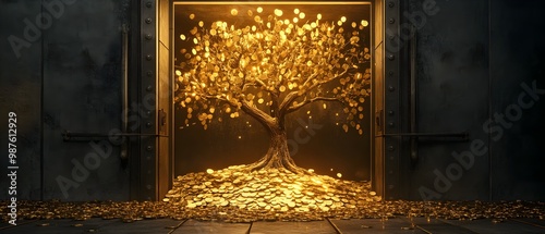 Golden Tree with Shimmering Coins in Vault