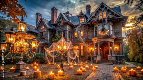 Spooky old mansion transformed into eerie Halloween haven with cobweb-covered chandeliers, flickering candles, and terrifying tombstones, beckoning trick-or-treaters to enter if they dare.