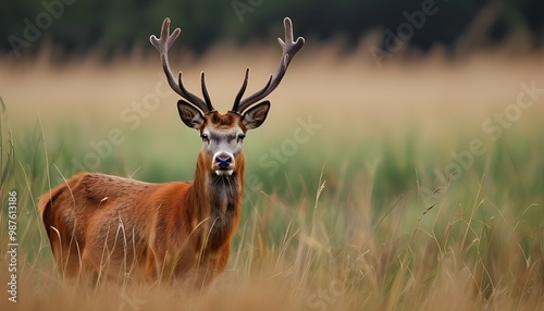 Serene portrait of a red deer hind gracefully standing amidst lush green grass