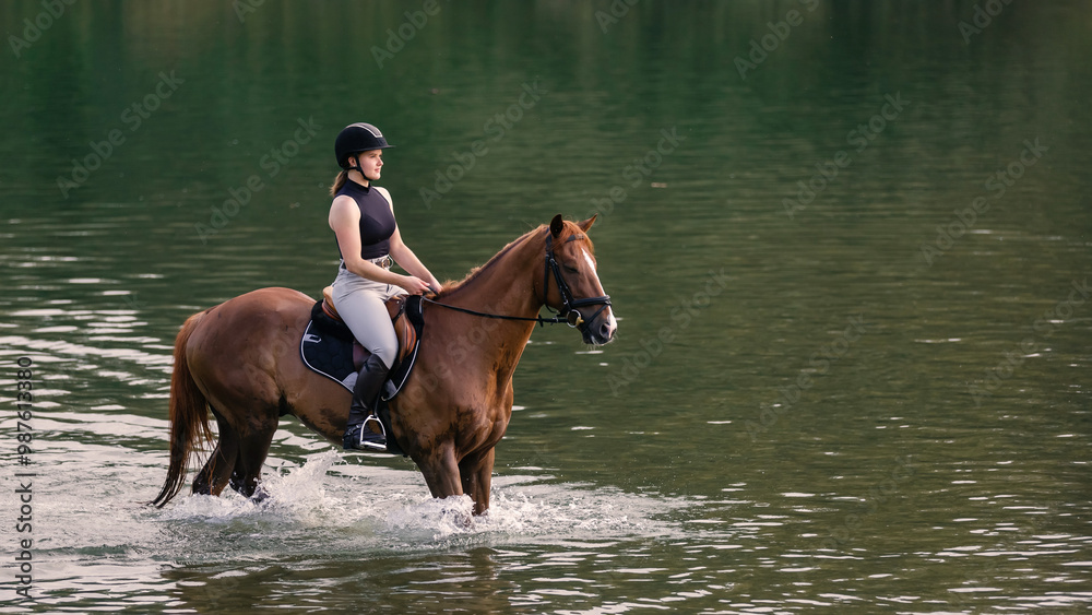 Scenic view of a female horseback rider on a beautiful red chestnut horse riding in the river towards the setting sun. Animals, people, and environment concept. Scenic view of a female horseback rider on a beautiful red chestnut horse riding in the river towards the setting sun. Animals, people, and environment concept.