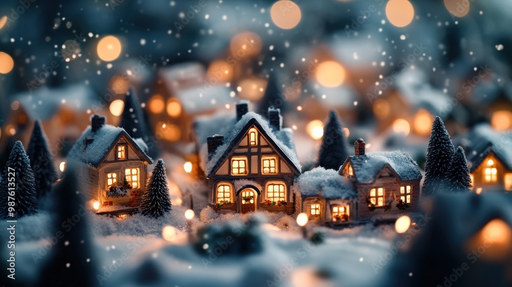 Fototapeta premium Cozy Christmas village with warm glowing lights and snowy rooftops