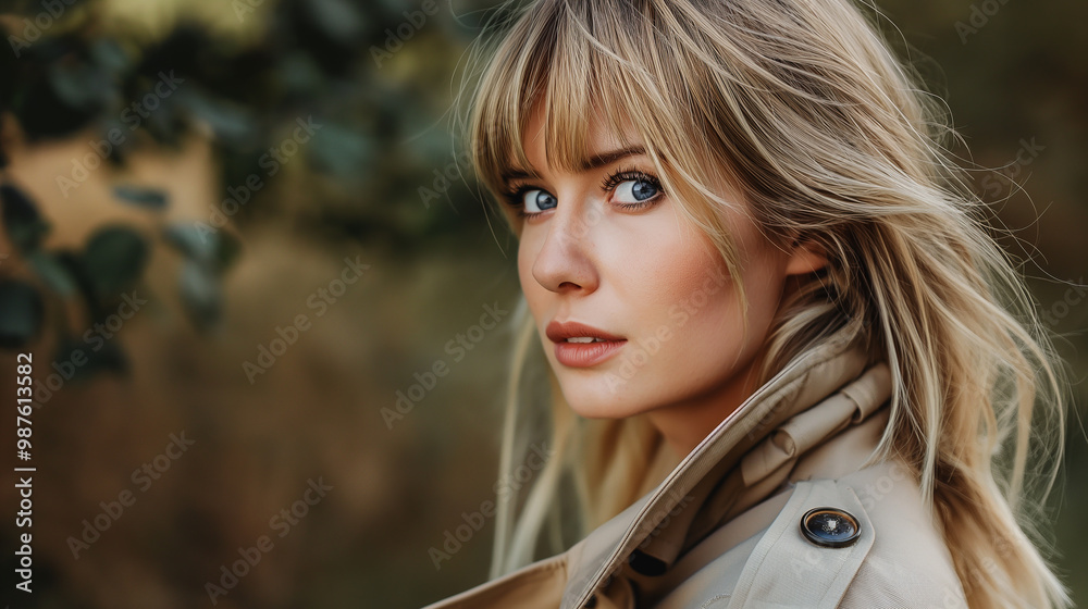 Obraz premium Attractive blond woman in trench coat with distant gaze, outdoor setting.