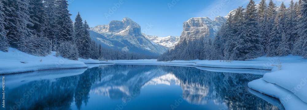 Snow-covered mountain near a lake Snow-covered mountain near a lake