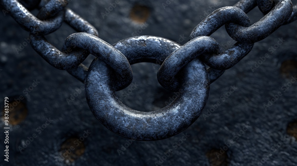 Close-up of a metal chain link, showcasing its rugged texture and intricate details against a dark background. Close-up of a metal chain link, showcasing its rugged texture and intricate details against a dark background.