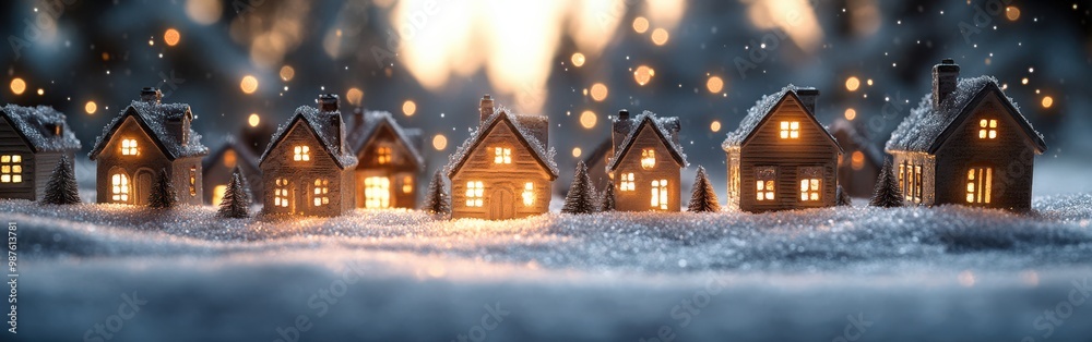 Cozy Christmas village with warm glowing lights and snowy rooftops Cozy Christmas village with warm glowing lights and snowy rooftops