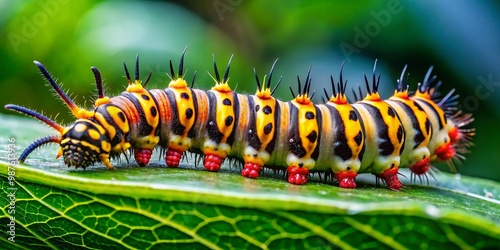 Colorful Lophocampa Maculata Caterpillar Crawling on Green Leaf in Natural Habitat Close-Up Shot