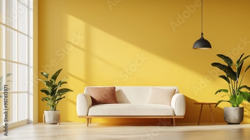 Fototapeta Naklejka Na Ścianę i Meble -  Bright yellow wall in a contemporary living room, adding a splash of color.