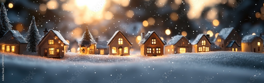 Fototapeta premium Cozy Christmas village with warm glowing lights and snowy rooftops