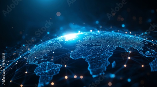 
Digital, blue-glowing global network concept with light connections around the Earth planet, a business and connectivity technology background. Big data information exchange online on a dark backdrop photo