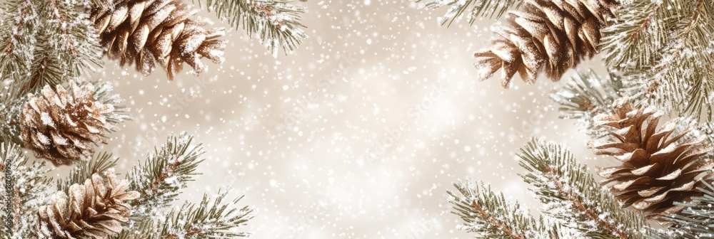 Christmas gift wrapped and new year by pine branches, ornaments, and festive decorations. Horizontal banner web poster, header for website minimal design with gift box Christmas gift wrapped and new year by pine branches, ornaments, and festive decorations. Horizontal banner web poster, header for website minimal design with gift box