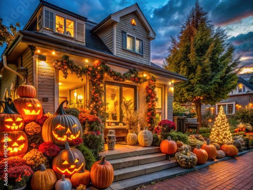 Spooky seasonal decorations and illuminated pumpkins adorn the exterior of a festive Halloween store in a suburban Washington neighborhood at dusk. photo