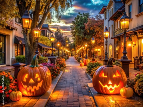 Spooky seasonal decorations and glowing jack-o'-lanterns adorn a charming small-town street at dusk, capturing the essence of autumn festivities in a Southern California city. photo