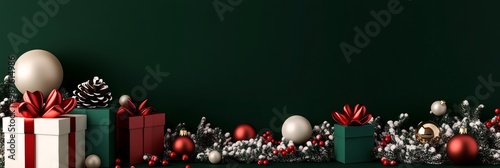 Wallpaper Mural Christmas gift wrapped and new year by pine branches, ornaments, and festive decorations. Horizontal banner web poster, header for website minimal design with gift box Torontodigital.ca