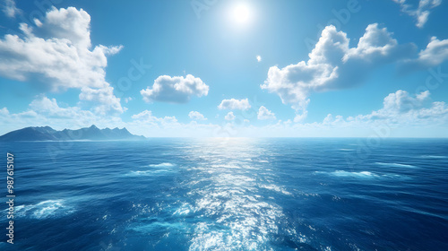 Ocean Landscape with Blue Sky and White Clouds