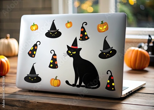 Spooky seasonal decor ideas abound with black cat silhouettes, witch hats, and candy corn motifs on transparent vinyl decals for laptops, water bottles, and windows. photo