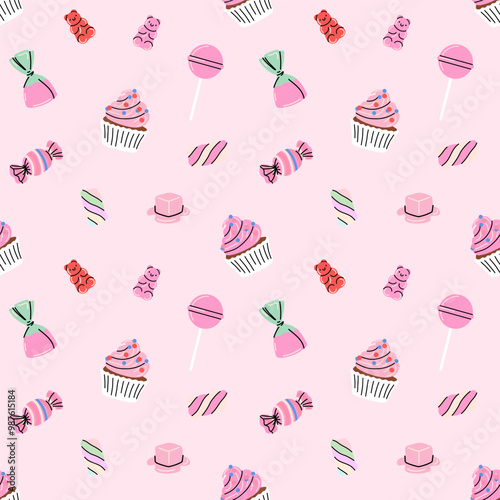 Sweets and candy seamless pattern. Chocolate, different lollipop, marmalade. Confectionery textile, wrapping paper, wallpaper design. Print christmas and birthday kids present cartoon flat background