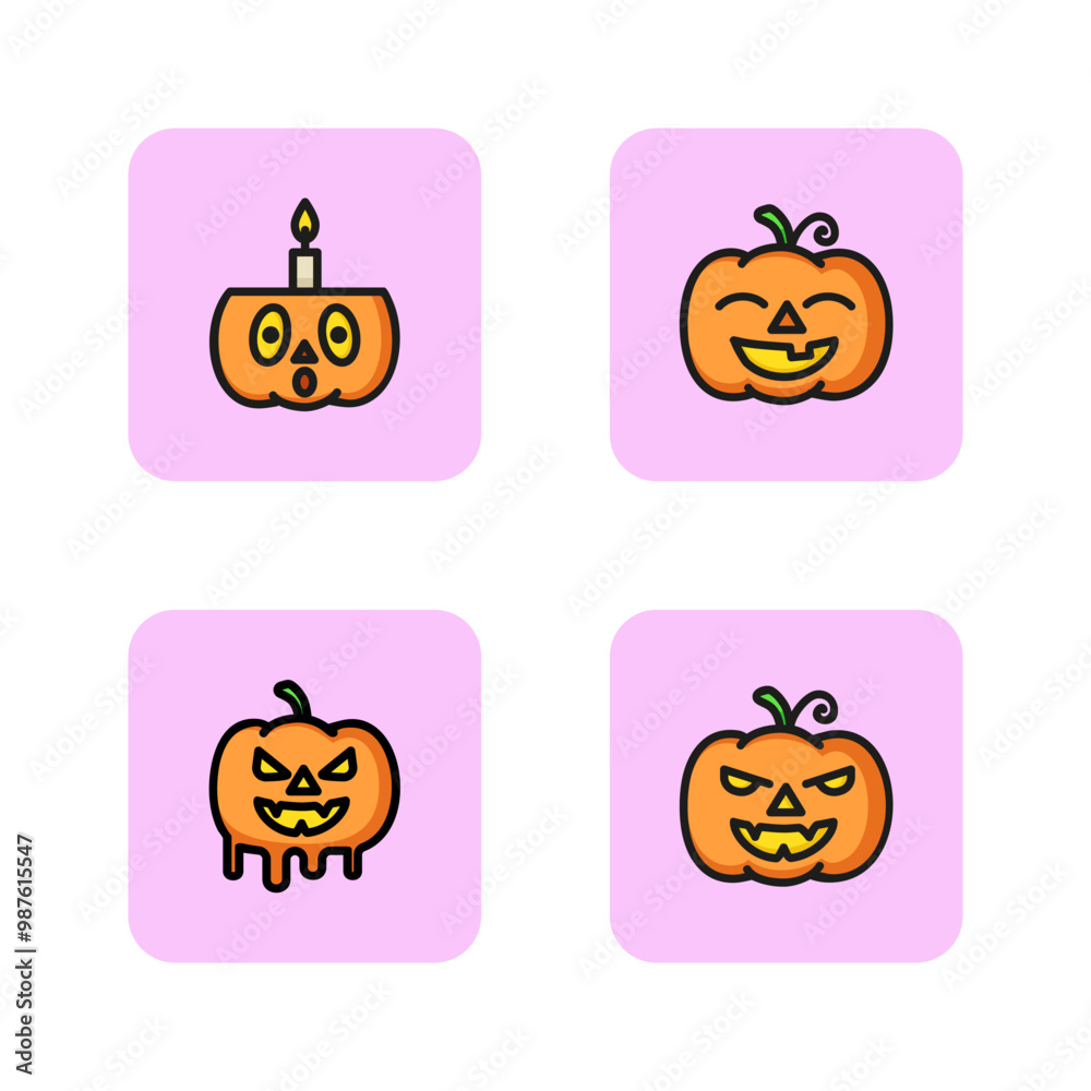 Fototapeta premium Pumpkin lanterns line icon set. Jack-o-lantern, monster, candle, vegetable. Halloween decoration concept. Vector illustrations can be used for topics like holiday, horror movie, fall