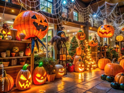 Spooky seasonal displays abound in a well-lit retail store, featuring an assortment of eerie inflatables, glowing jack-o'-lanterns, and festive artificial spider webs. photo