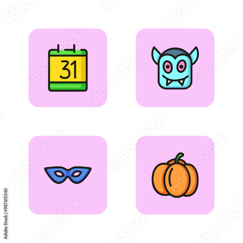 Halloween elements line icon set. Calendar, devil head, carnival mask and pumpkin. Halloween holiday concept. Vector illustrations can be used for celebration, party, traditions