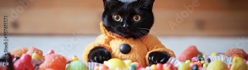 A playful black cat in an orange coat sits among colorful fruits, creating a whimsical and fun atmosphere.