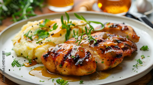 Grilled Chicken Breast with Mashed Potatoes and Savory Sauce