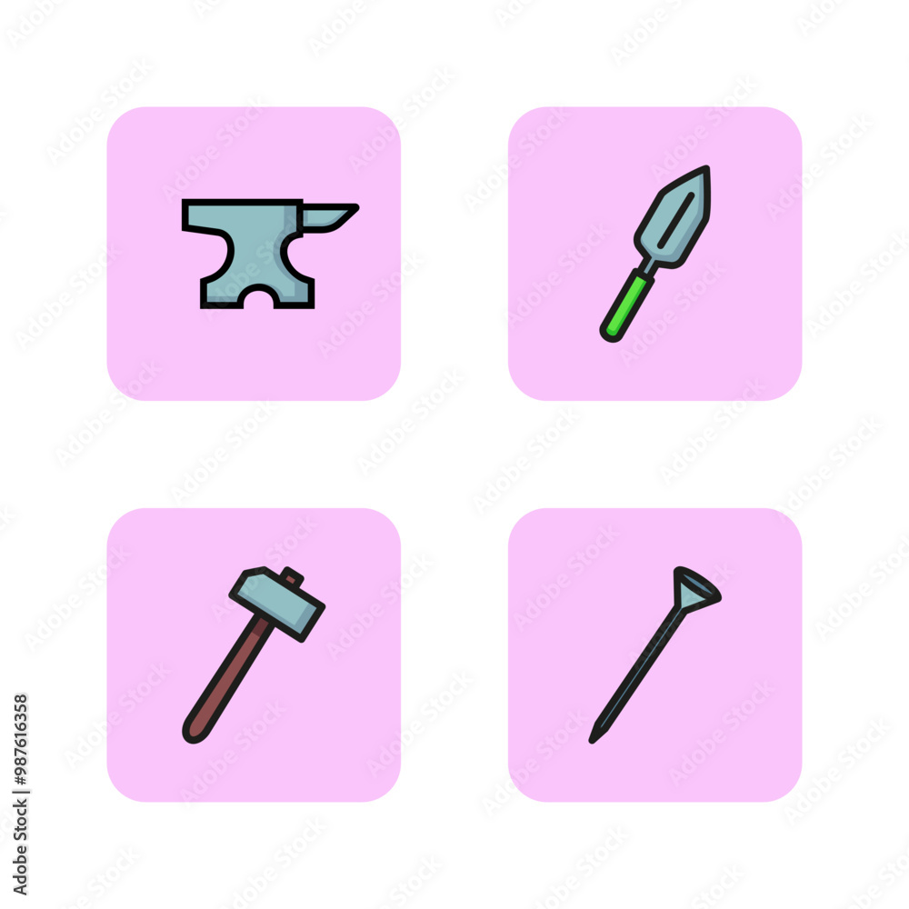 Tools line icon set. Hammer, trowel, nail, anvil. Craft and instruments concept. Vector illustrations can be used for topics like handicraft, repair, hobby Tools line icon set. Hammer, trowel, nail, anvil. Craft and instruments concept. Vector illustrations can be used for topics like handicraft, repair, hobby